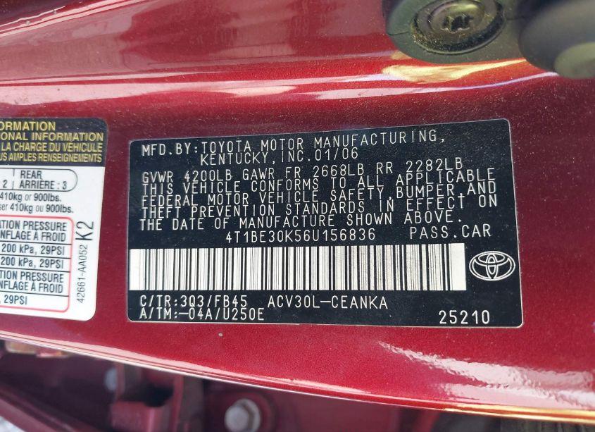 Photo 9 of 2006 Toyota Camry LE (VIN 4T1BE30K56U156836)