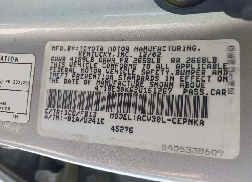 Photo 9 of 2003 Toyota Camry LE (VIN 4T1BE30K63U151267)