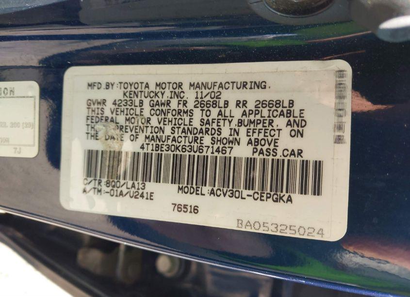 Photo 9 of 2003 Toyota Camry XLE (VIN 4T1BE30K63U671467)