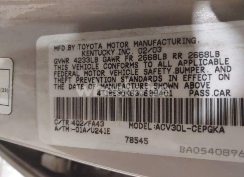 Photo 9 of 2003 Toyota Camry XLE (VIN 4T1BE30K63U699401)