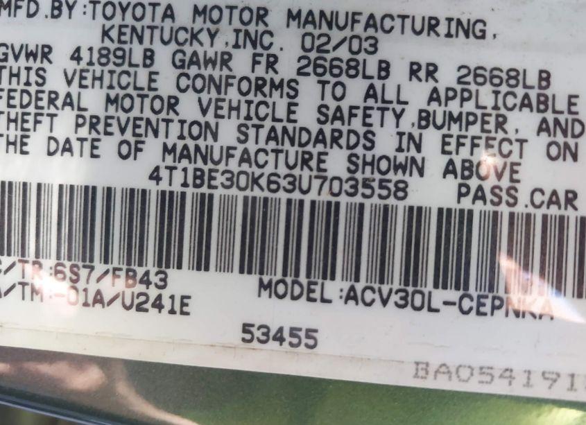 Photo 9 of 2003 Toyota Camry LE (VIN 4T1BE30K63U703558)