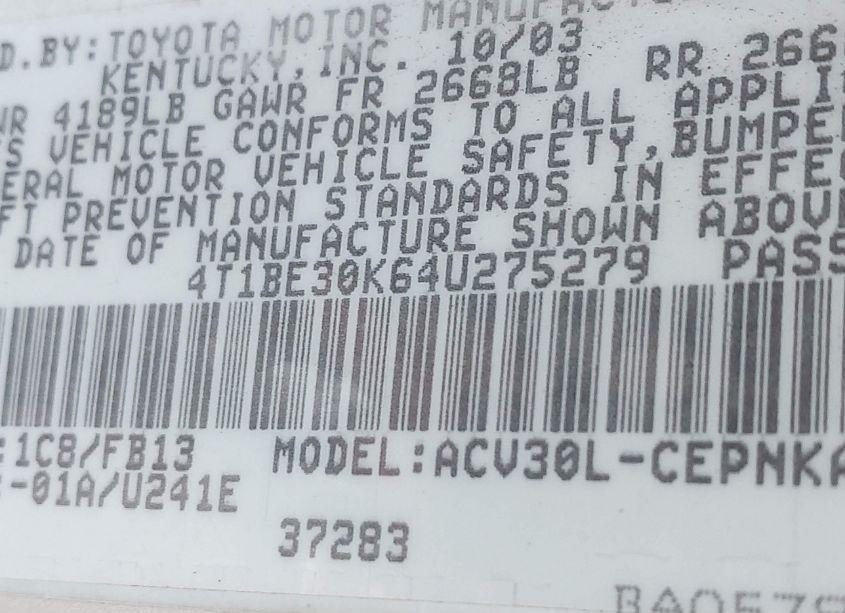 Photo 9 of 2004 Toyota Camry LE (VIN 4T1BE30K64U275279)