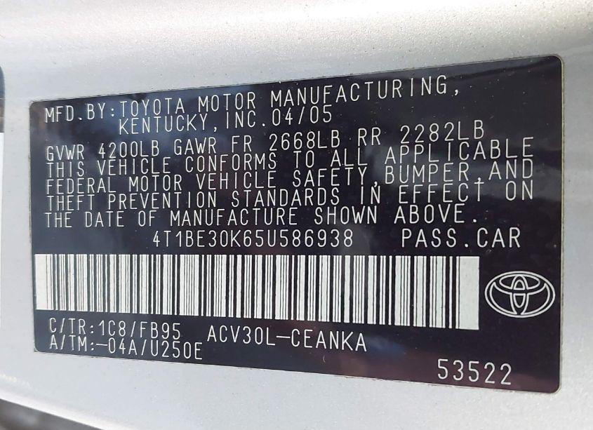 Photo 9 of 2005 Toyota Camry LE (VIN 4T1BE30K65U586938)
