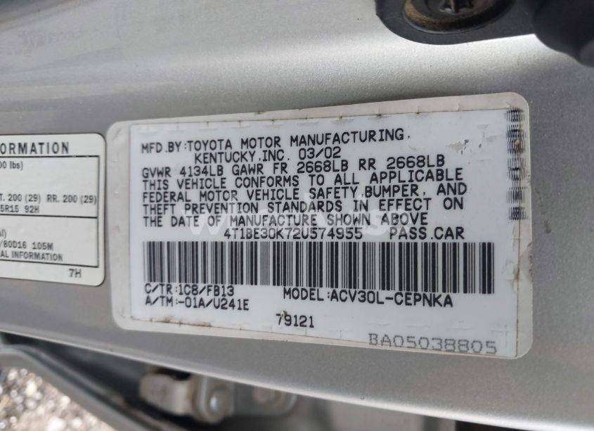 Photo 9 of 2002 Toyota Camry LE (VIN 4T1BE30K72U574955)