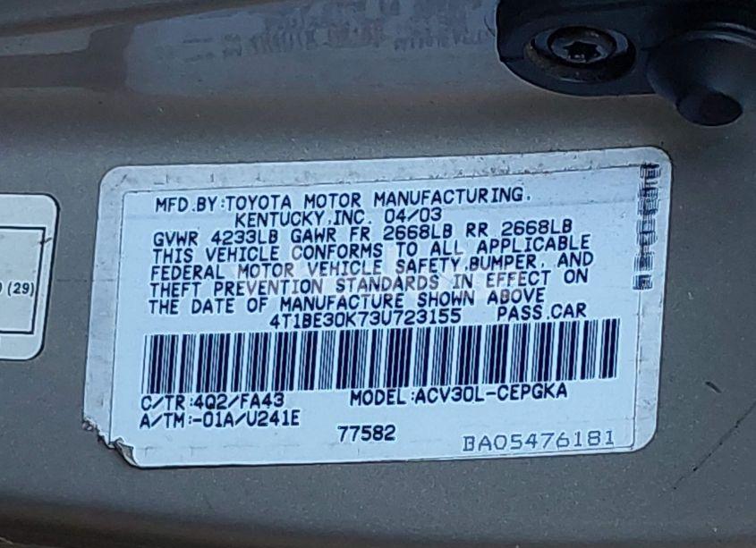 Photo 9 of 2003 Toyota Camry XLE (VIN 4T1BE30K73U723155)