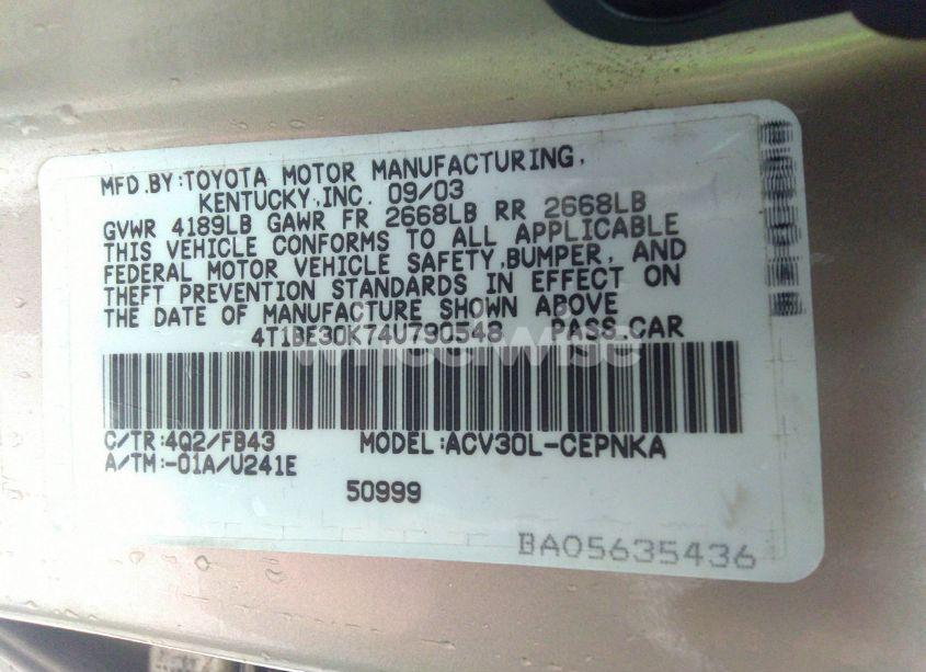 Photo 9 of 2004 Toyota Camry LE (VIN 4T1BE30K74U790548)