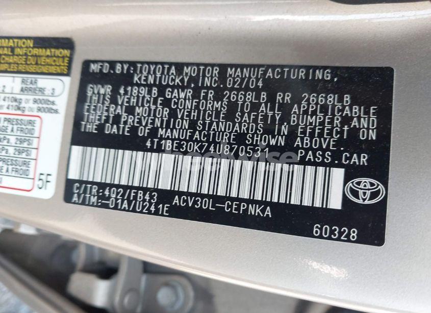 Photo 9 of 2004 Toyota Camry LE (VIN 4T1BE30K74U870531)