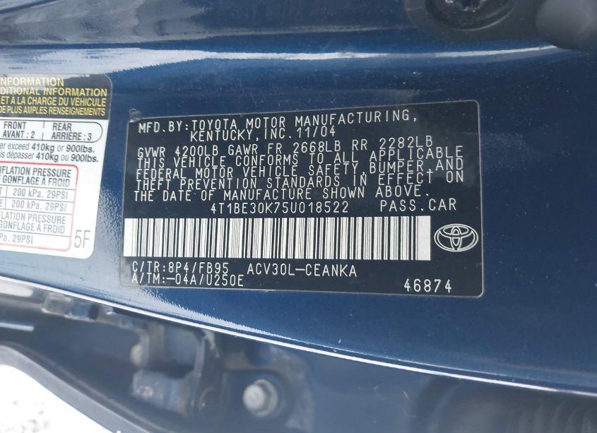 Photo 9 of 2005 Toyota Camry LE (VIN 4T1BE30K75U018522)