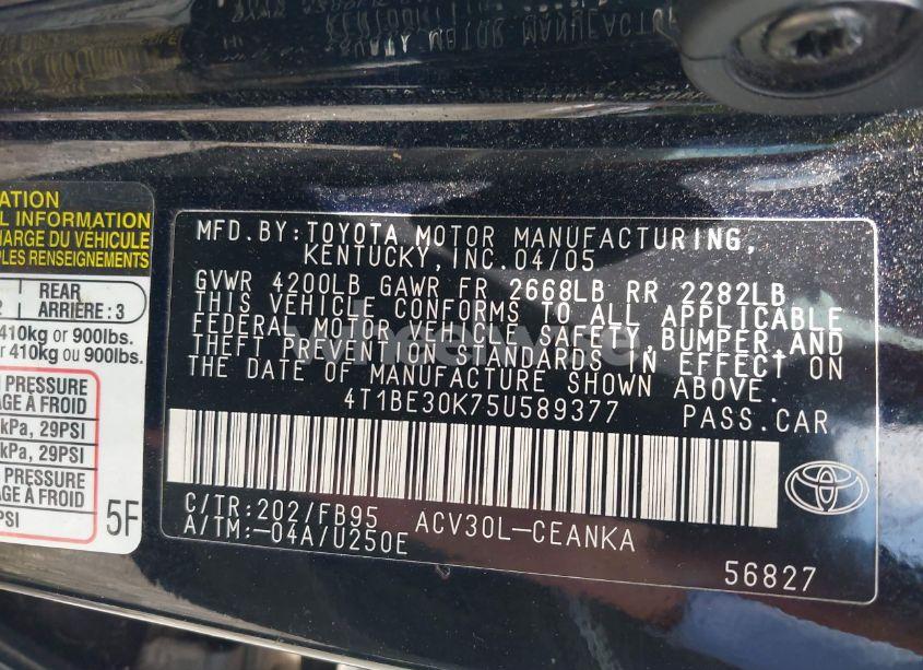 Photo 9 of 2005 Toyota Camry LE (VIN 4T1BE30K75U589377)
