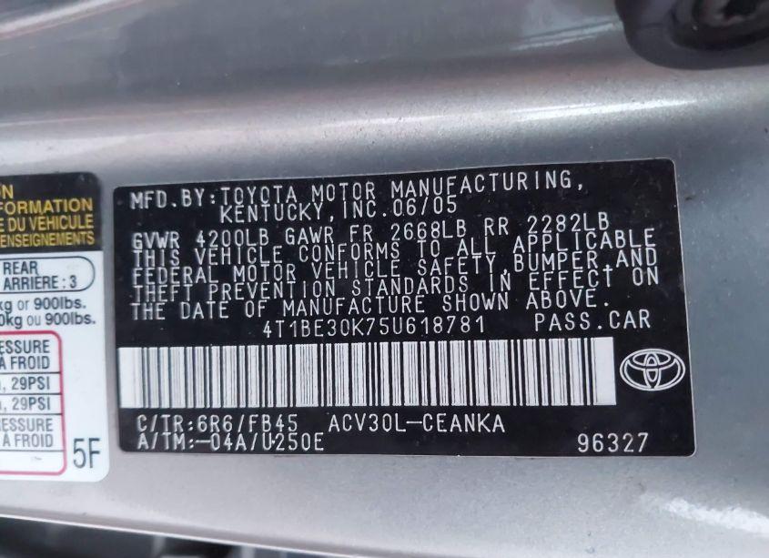 Photo 9 of 2005 Toyota Camry LE (VIN 4T1BE30K75U618781)