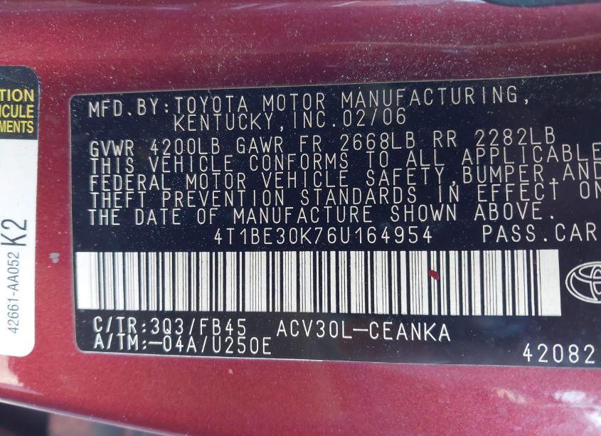 Photo 9 of 2006 Toyota Camry LE (VIN 4T1BE30K76U164954)