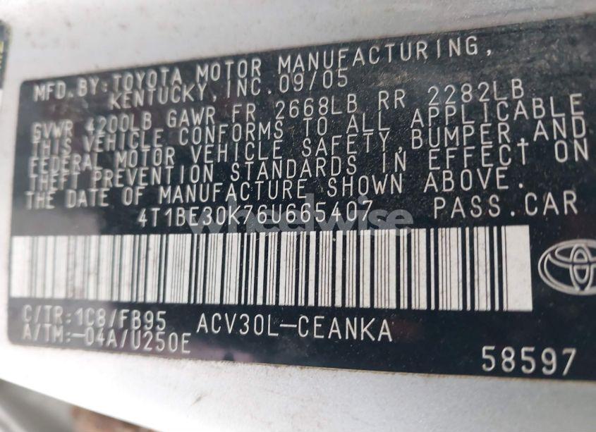 Photo 9 of 2006 Toyota Camry LE (VIN 4T1BE30K76U665407)