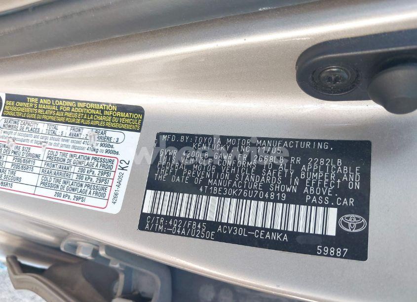 Photo 9 of 2006 Toyota Camry LE (VIN 4T1BE30K76U704819)