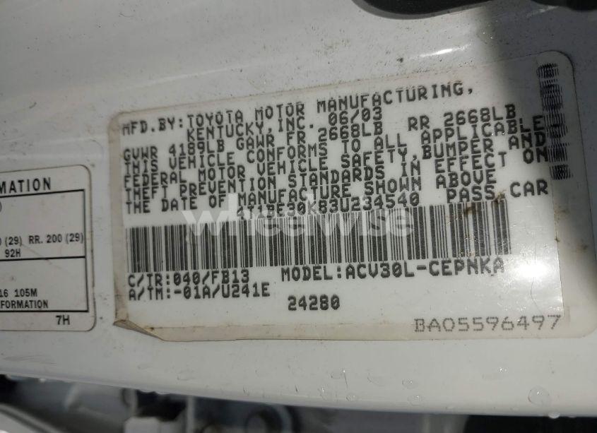 Photo 9 of 2003 Toyota Camry LE (VIN 4T1BE30K83U234540)