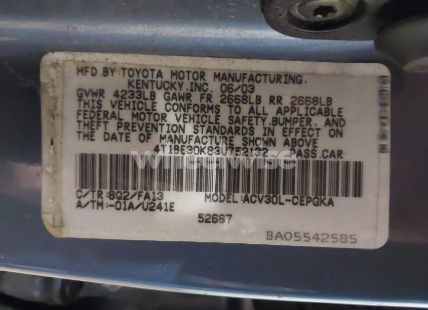 Photo 9 of 2003 Toyota Camry XLE (VIN 4T1BE30K83U752132)