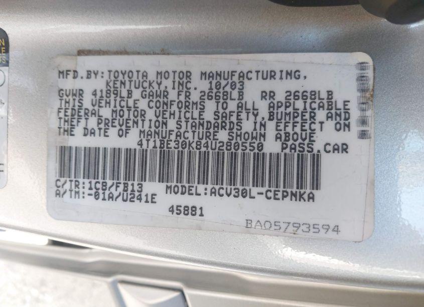 Photo 9 of 2004 Toyota Camry LE (VIN 4T1BE30K84U280550)