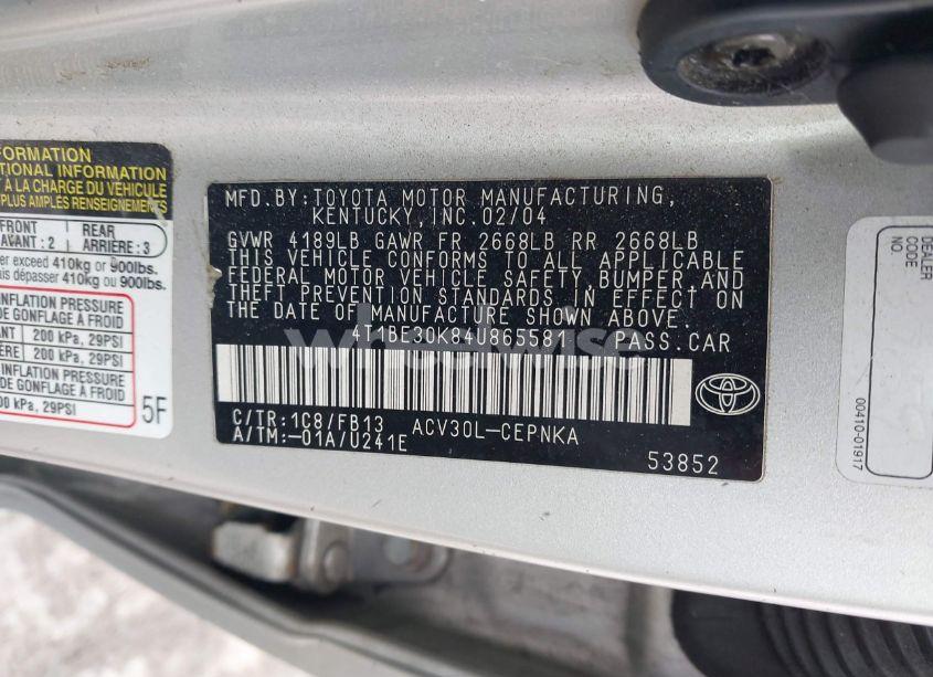 Photo 9 of 2004 Toyota Camry LE (VIN 4T1BE30K84U865581)