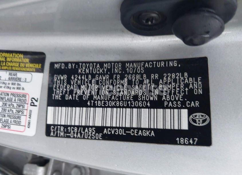 Photo 9 of 2006 Toyota Camry XLE (VIN 4T1BE30K86U130604)