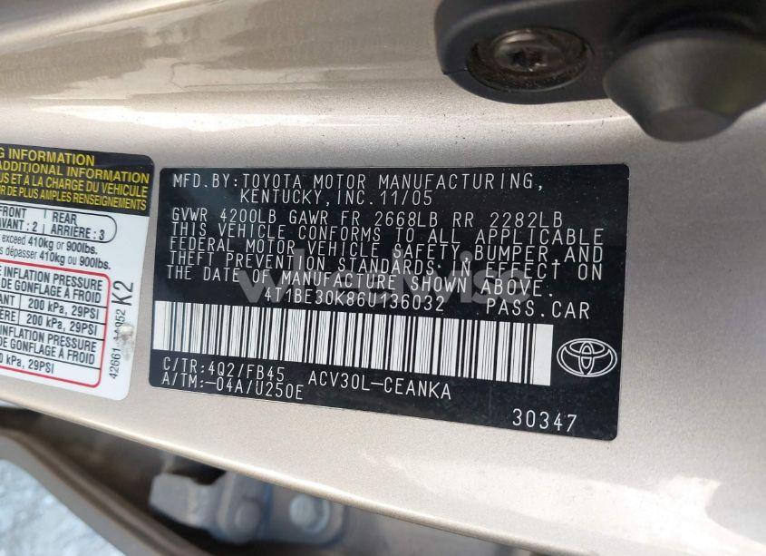 Photo 9 of 2006 Toyota Camry LE (VIN 4T1BE30K86U136032)