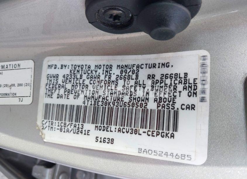 Photo 9 of 2003 Toyota Camry XLE (VIN 4T1BE30K93U650502)