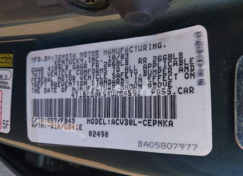 Photo 9 of 2004 Toyota Camry LE (VIN 4T1BE30K94U284591)