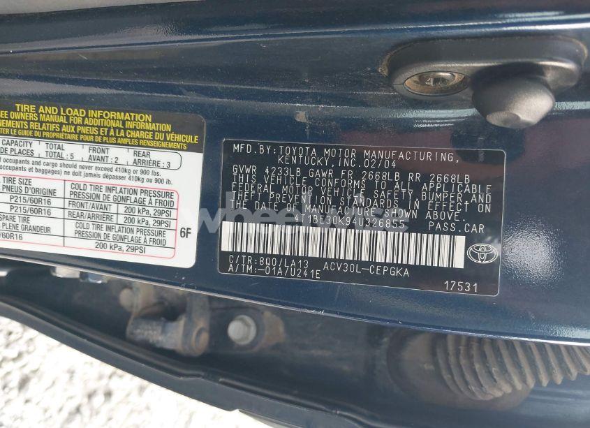 Photo 9 of 2004 Toyota Camry XLE (VIN 4T1BE30K94U326855)