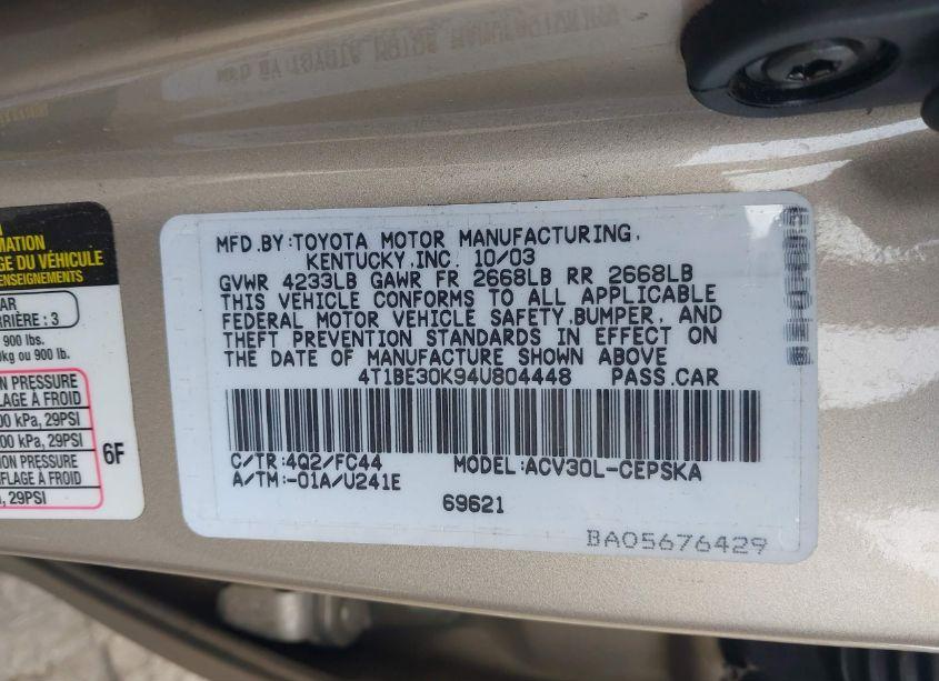 Photo 9 of 2004 Toyota Camry SE (VIN 4T1BE30K94U804448)