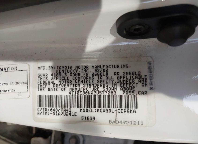 Photo 9 of 2002 Toyota Camry XLE (VIN 4T1BE30KX2U577283)