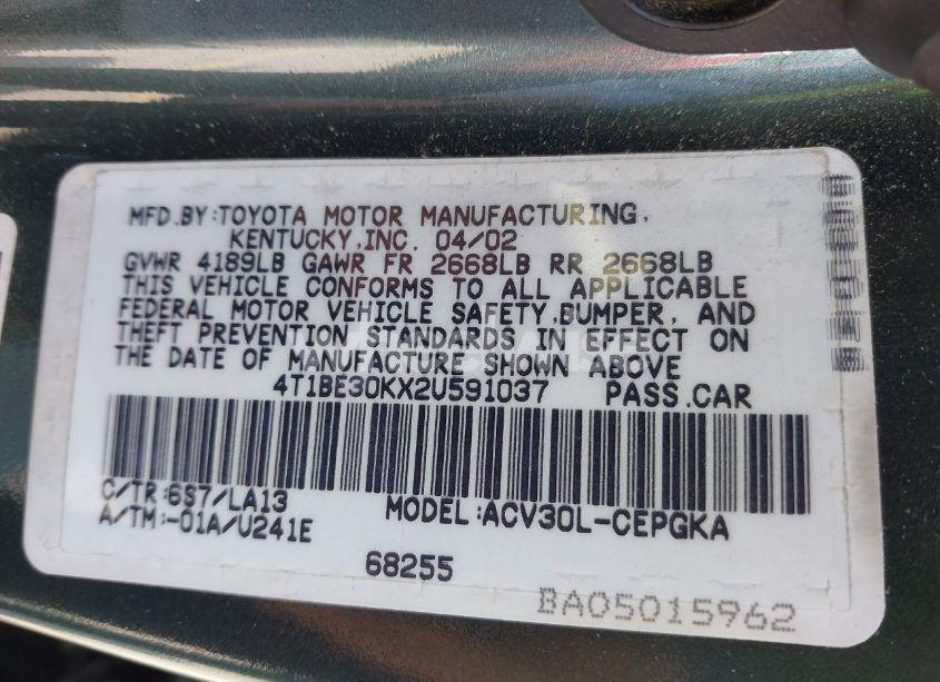 Photo 9 of 2002 Toyota Camry XLE (VIN 4T1BE30KX2U591037)