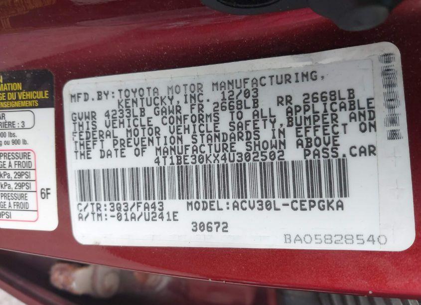 Photo 9 of 2004 Toyota Camry XLE (VIN 4T1BE30KX4U302502)