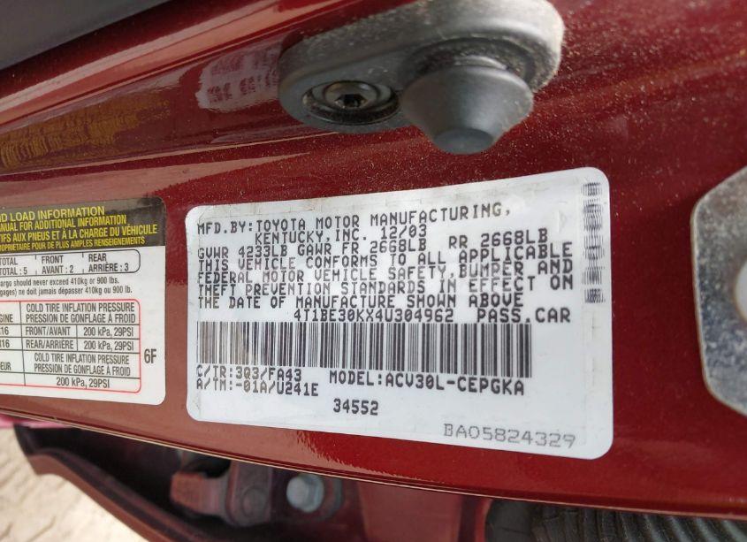 Photo 9 of 2004 Toyota Camry XLE (VIN 4T1BE30KX4U304962)