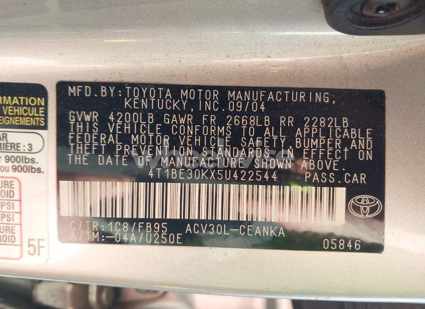 Photo 9 of 2005 Toyota Camry LE (VIN 4T1BE30KX5U422544)