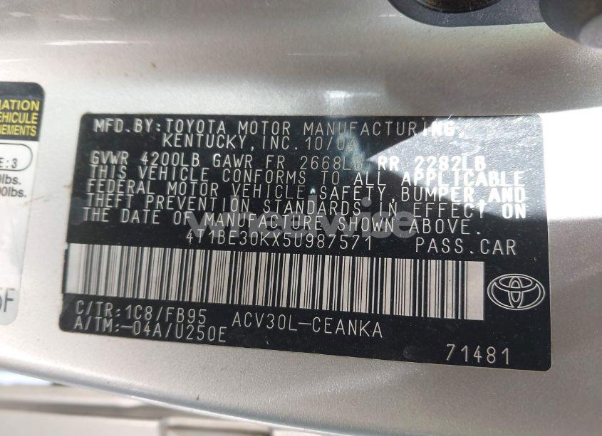 Photo 9 of 2005 Toyota Camry LE/SE/XLE (VIN 4T1BE30KX5U987571)