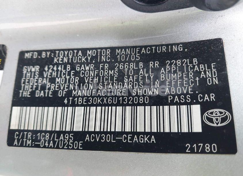 Photo 9 of 2006 Toyota Camry XLE (VIN 4T1BE30KX6U132080)