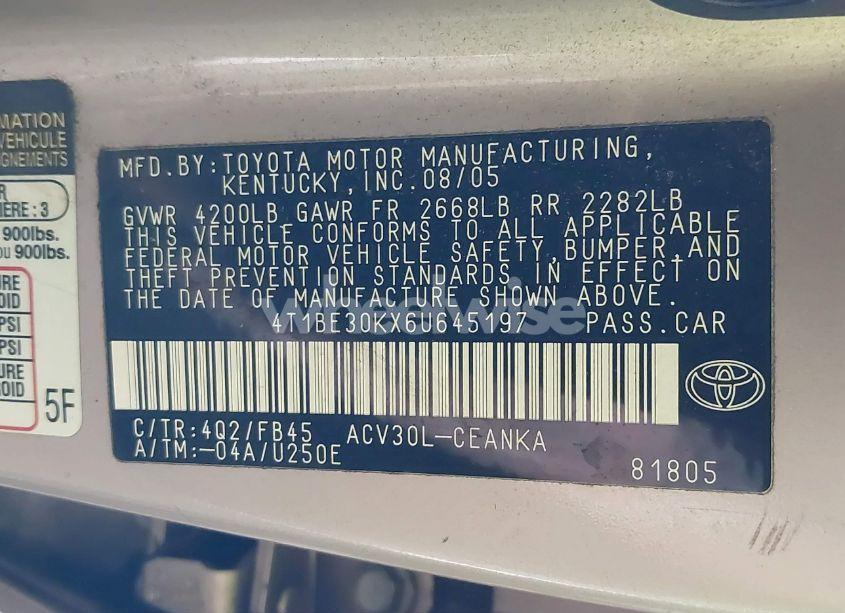 Photo 9 of 2006 Toyota Camry LE (VIN 4T1BE30KX6U645197)