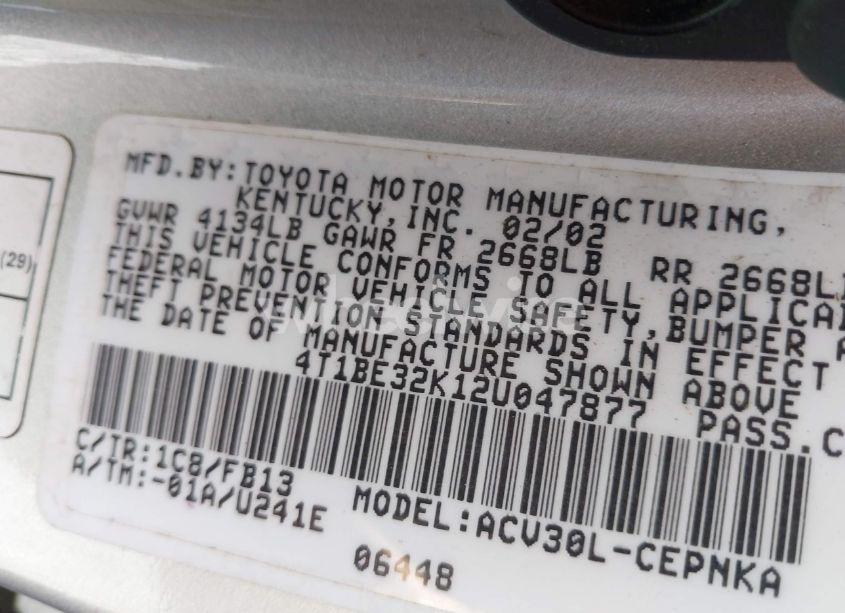 Photo 9 of 2002 Toyota Camry (VIN 4T1BE32A12U047877)