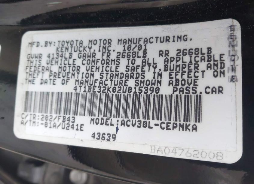 Photo 9 of 2002 Toyota Camry LE (VIN 4T1BE32K02U015390)