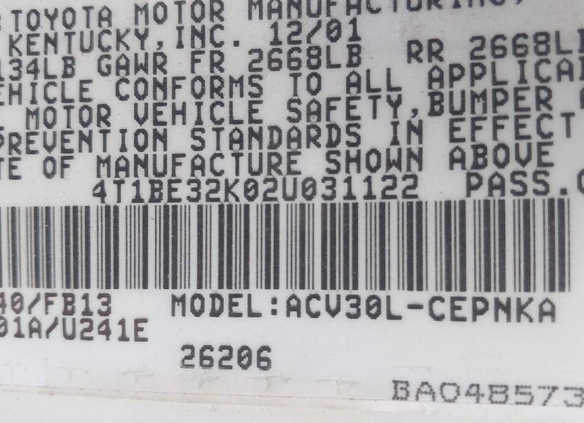 Photo 9 of 2002 Toyota Camry LE (VIN 4T1BE32K02U031122)