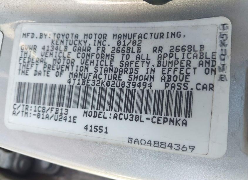 Photo 9 of 2002 Toyota Camry LE (VIN 4T1BE32K02U039494)