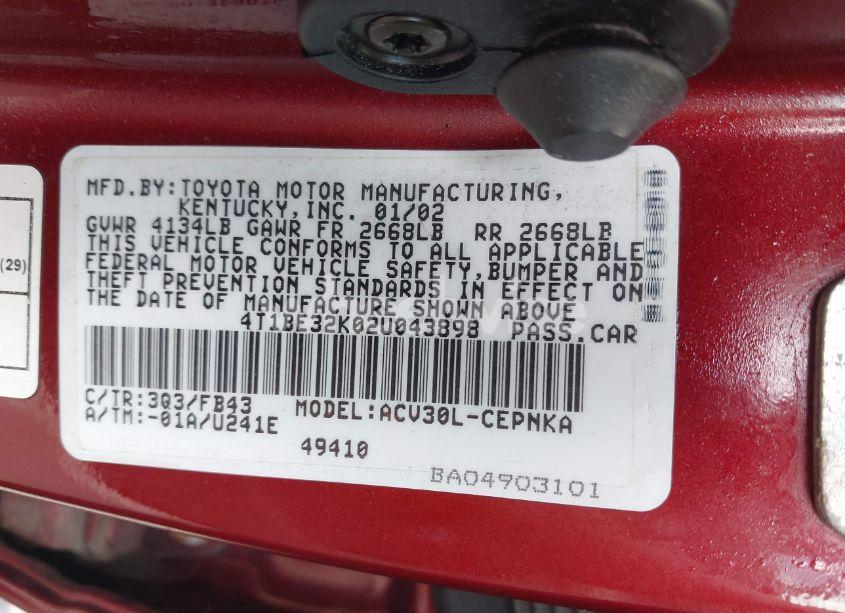 Photo 9 of 2002 Toyota Camry LE (VIN 4T1BE32K02U043898)