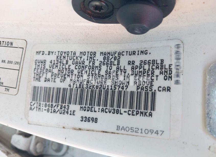 Photo 9 of 2002 Toyota Camry LE (VIN 4T1BE32K02U115747)