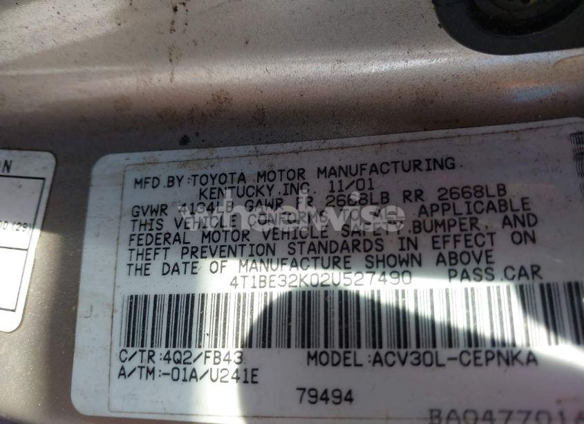 Photo 9 of 2002 Toyota Camry LE (VIN 4T1BE32K02U527490)