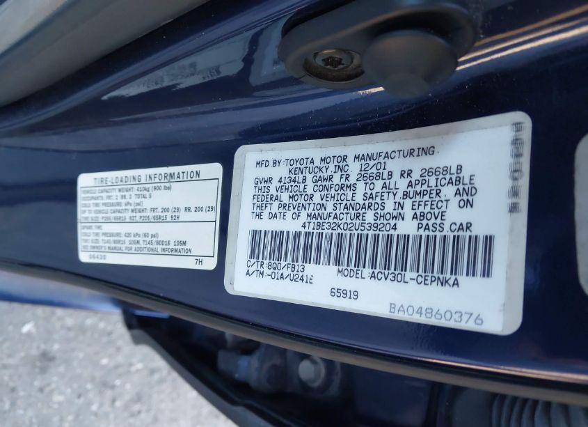 Photo 9 of 2002 Toyota Camry LE (VIN 4T1BE32K02U539204)