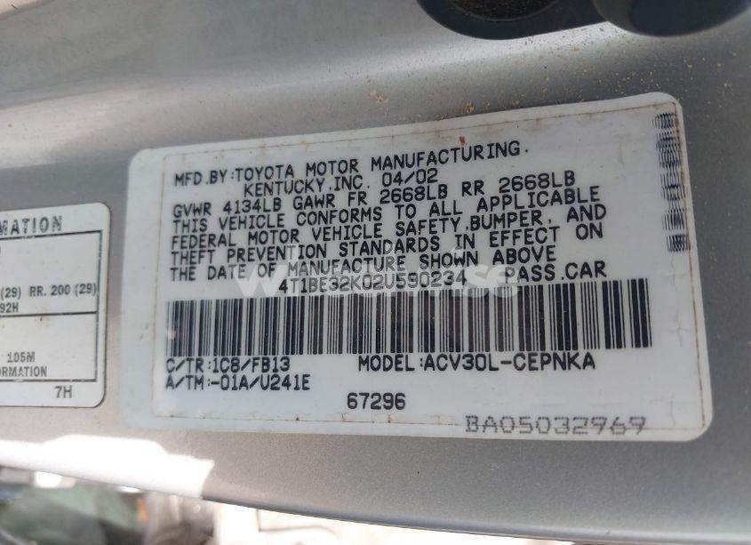 Photo 9 of 2002 Toyota Camry LE (VIN 4T1BE32K02U590234)