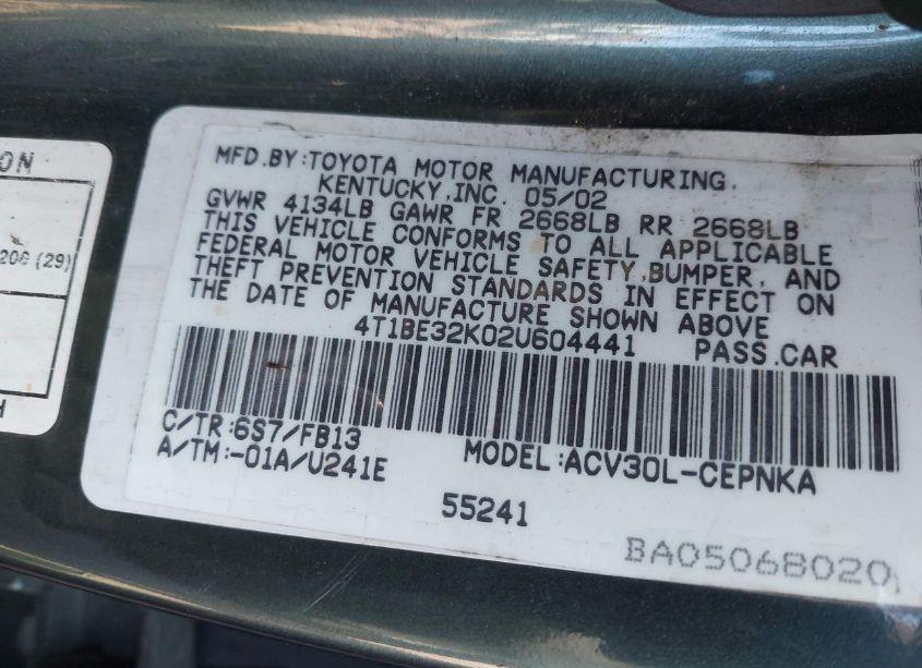 Photo 9 of 2002 Toyota Camry LE (VIN 4T1BE32K02U604441)