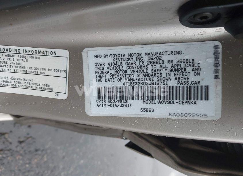 Photo 9 of 2002 Toyota Camry LE (VIN 4T1BE32K02U612751)