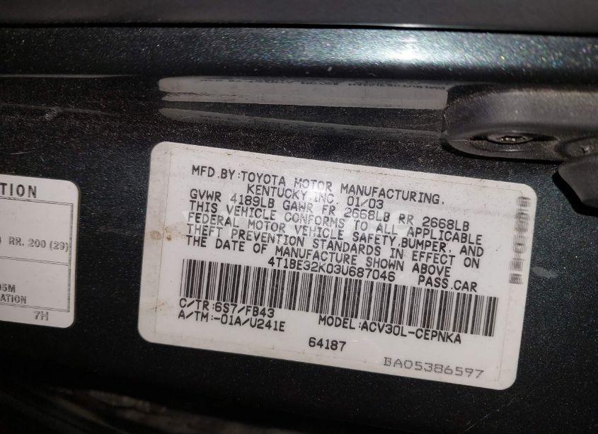 Photo 9 of 2003 Toyota Camry LE/SE/XLE (VIN 4T1BE32K034687046)