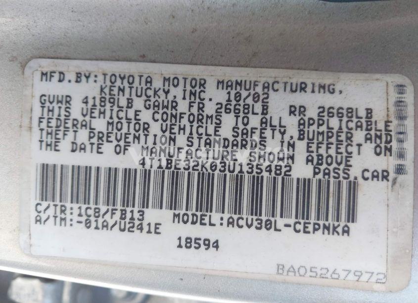 Photo 9 of 2003 Toyota Camry LE (VIN 4T1BE32K03U135482)