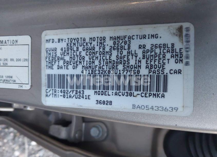 Photo 9 of 2003 Toyota Camry LE (VIN 4T1BE32K03U177960)
