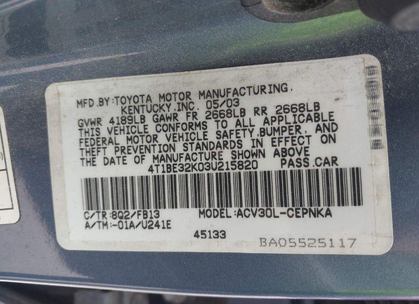 Photo 9 of 2003 Toyota Camry LE (VIN 4T1BE32K03U215820)
